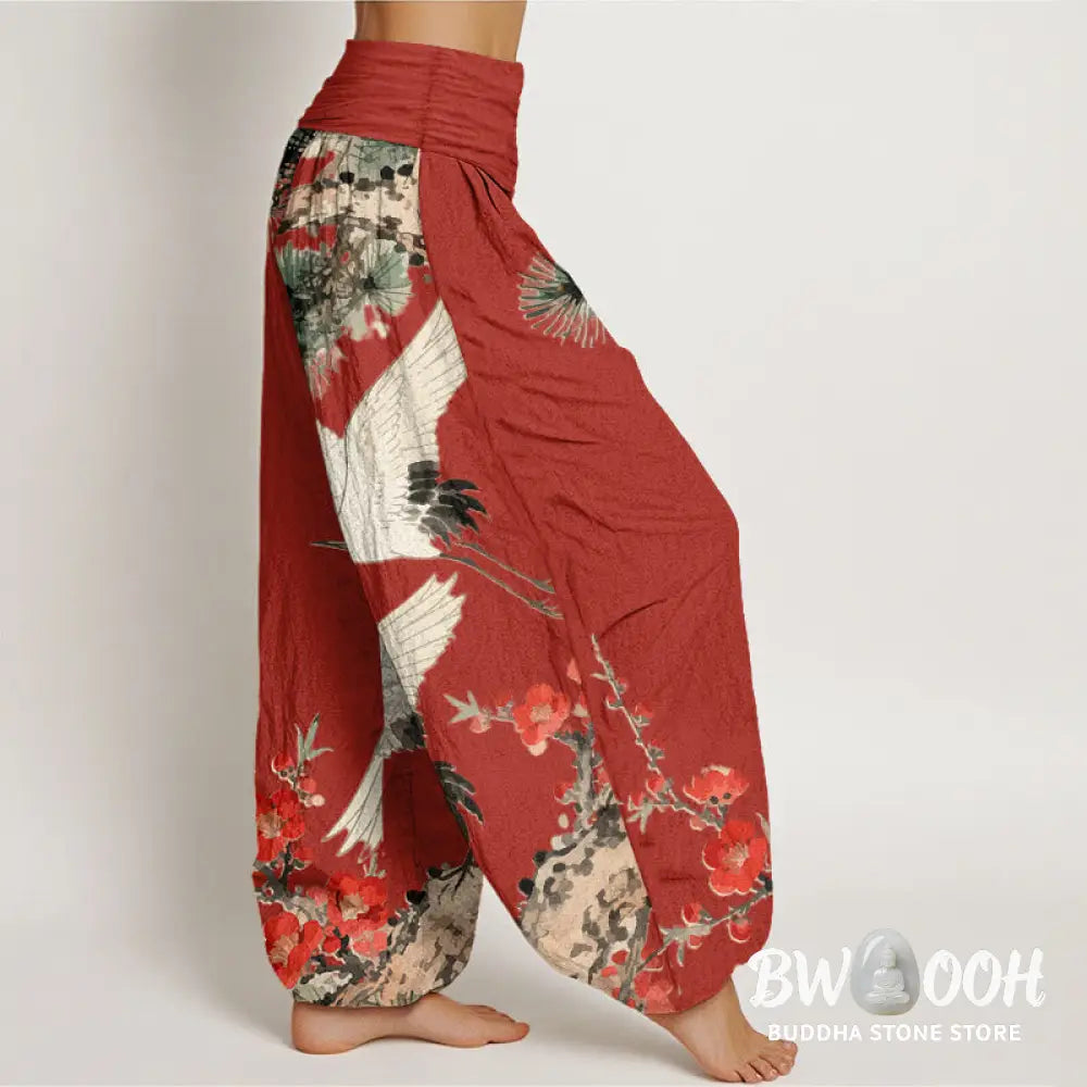 Buddha Stones Print Cranes Plum Blossoms Pattern Women’s Elastic Waist Harem Cotton Pants - Women’s Harem Pants
