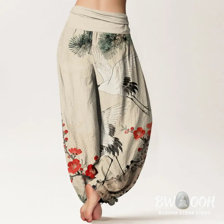 Buddha Stones Print Cranes Plum Blossoms Pattern Women’s Elastic Waist Harem Cotton Pants - Women’s Harem Pants