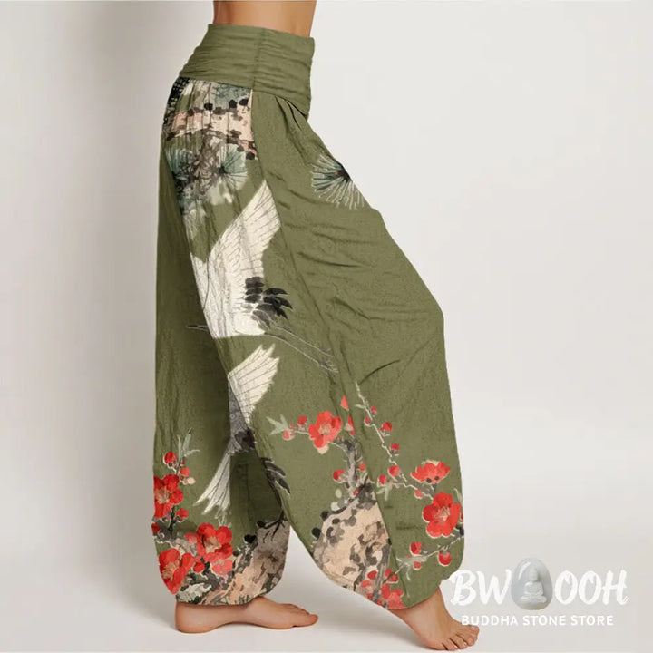 Buddha Stones Print Cranes Plum Blossoms Pattern Women’s Elastic Waist Harem Cotton Pants - Women’s Harem Pants