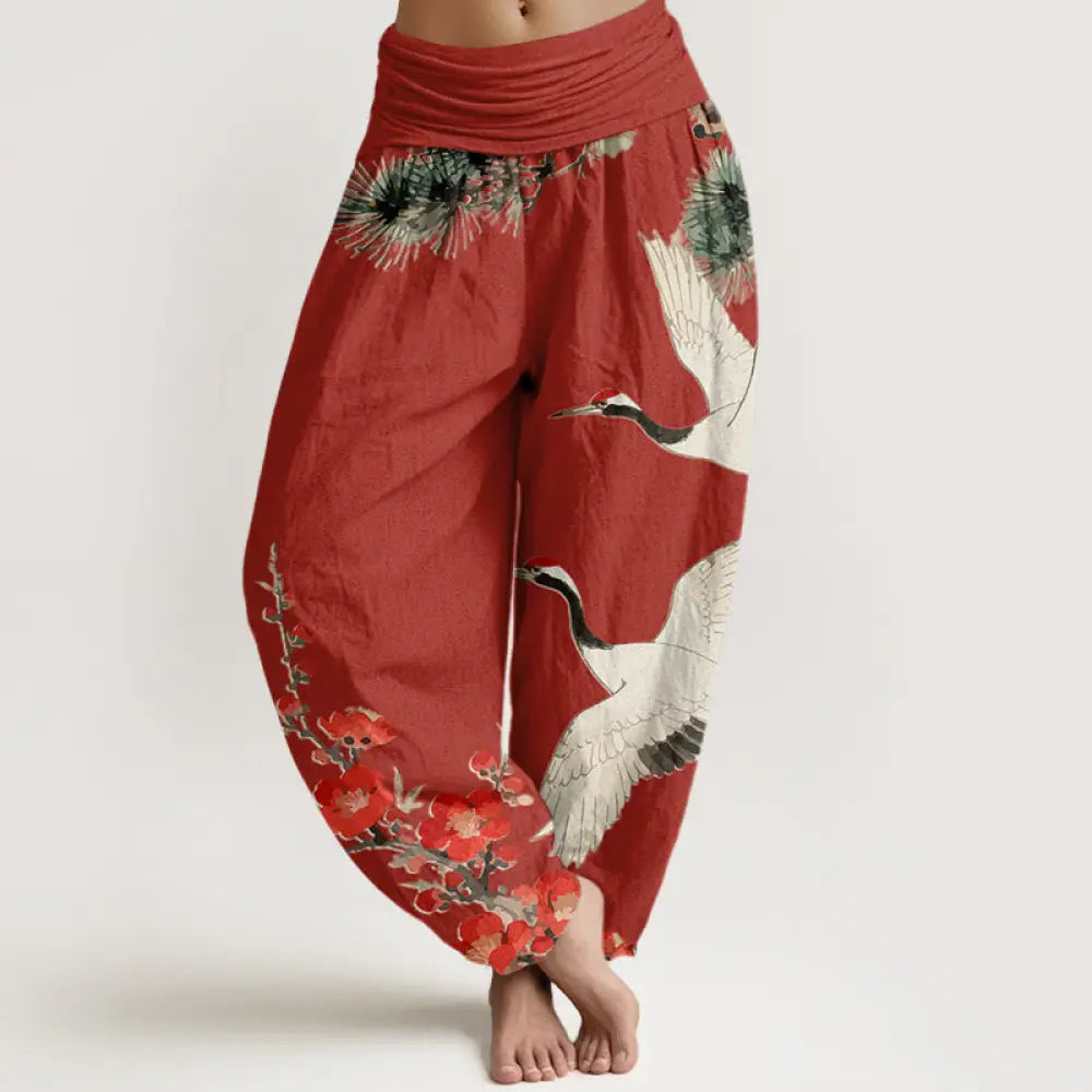 Buddha Stones Print Cranes Plum Blossoms Pattern Women’s Elastic Waist Harem Cotton Pants - FireBrick / US2，UK/AU6，EU34