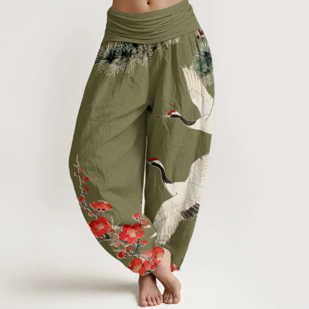 Buddha Stones Print Cranes Plum Blossoms Pattern Women’s Elastic Waist Harem Cotton Pants - OliveDrab / US2，UK/AU6，EU34