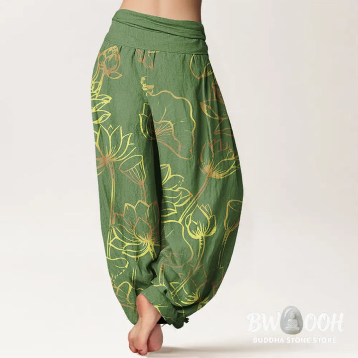 Buddha Stones Print Lotus Flowers Leaves Pattern Women’s Elastic Waist Harem Cotton Pants - Women’s Harem Pants