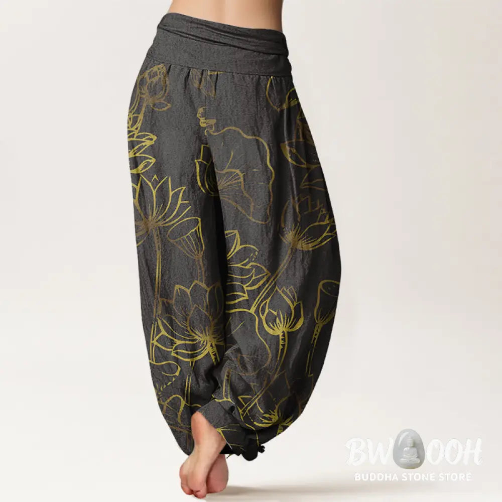 Buddha Stones Print Lotus Flowers Leaves Pattern Women’s Elastic Waist Harem Cotton Pants - Women’s Harem Pants