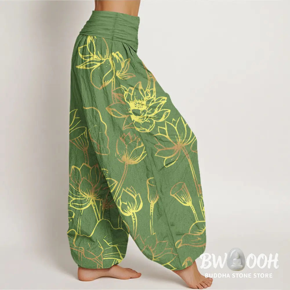Buddha Stones Print Lotus Flowers Leaves Pattern Women’s Elastic Waist Harem Cotton Pants - Women’s Harem Pants