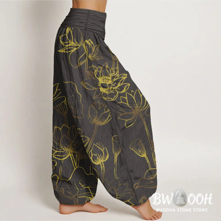 Buddha Stones Print Lotus Flowers Leaves Pattern Women’s Elastic Waist Harem Cotton Pants - Women’s Harem Pants