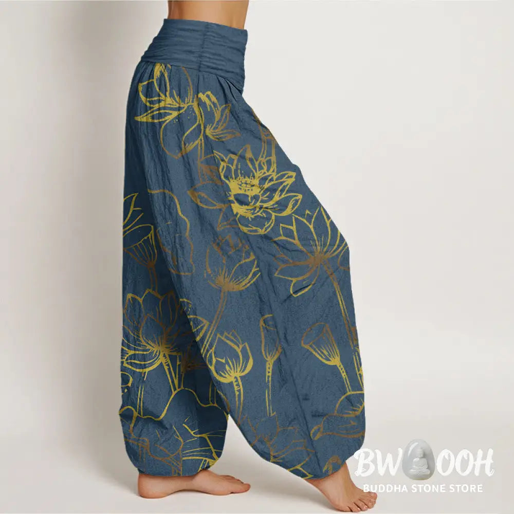 Buddha Stones Print Lotus Flowers Leaves Pattern Women’s Elastic Waist Harem Cotton Pants - Women’s Harem Pants