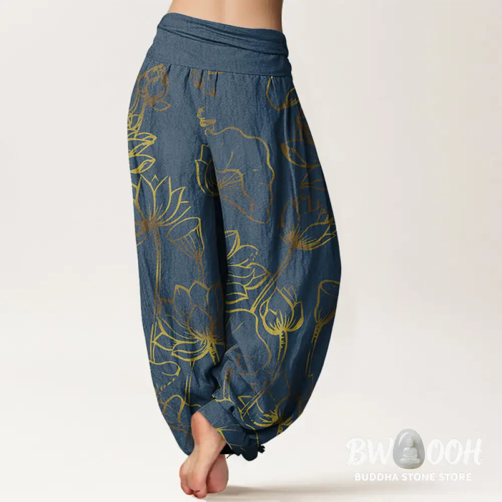 Buddha Stones Print Lotus Flowers Leaves Pattern Women’s Elastic Waist Harem Cotton Pants - Women’s Harem Pants