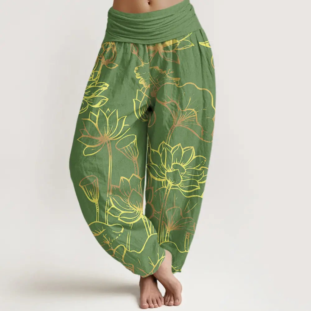 Buddha Stones Print Lotus Flowers Leaves Pattern Women’s Elastic Waist Harem Cotton Pants - ForestGreen