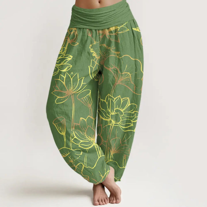 Buddha Stones Print Lotus Flowers Leaves Pattern Women’s Elastic Waist Harem Cotton Pants - ForestGreen