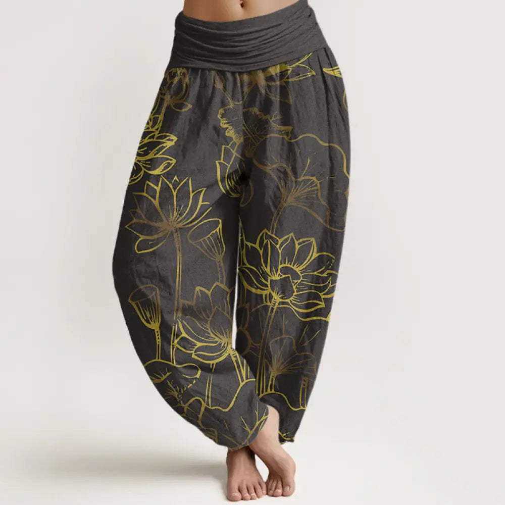 Buddha Stones Print Lotus Flowers Leaves Pattern Women’s Elastic Waist Harem Cotton Pants - SlateGray / US2，UK/AU6，EU34