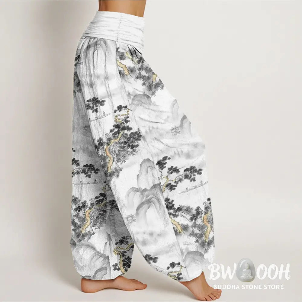 Buddha Stones Print Pine Trees Mountains Pattern Pure Cotton Women’s Elastic Waist Harem Pants - Women’s Harem Pants
