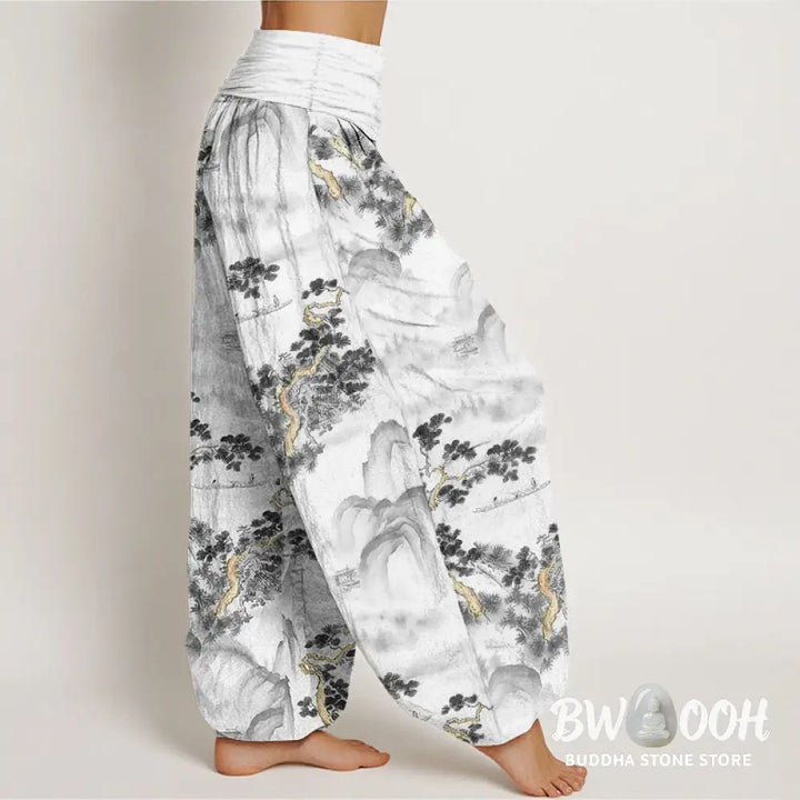 Buddha Stones Print Pine Trees Mountains Pattern Pure Cotton Women’s Elastic Waist Harem Pants - Women’s Harem Pants