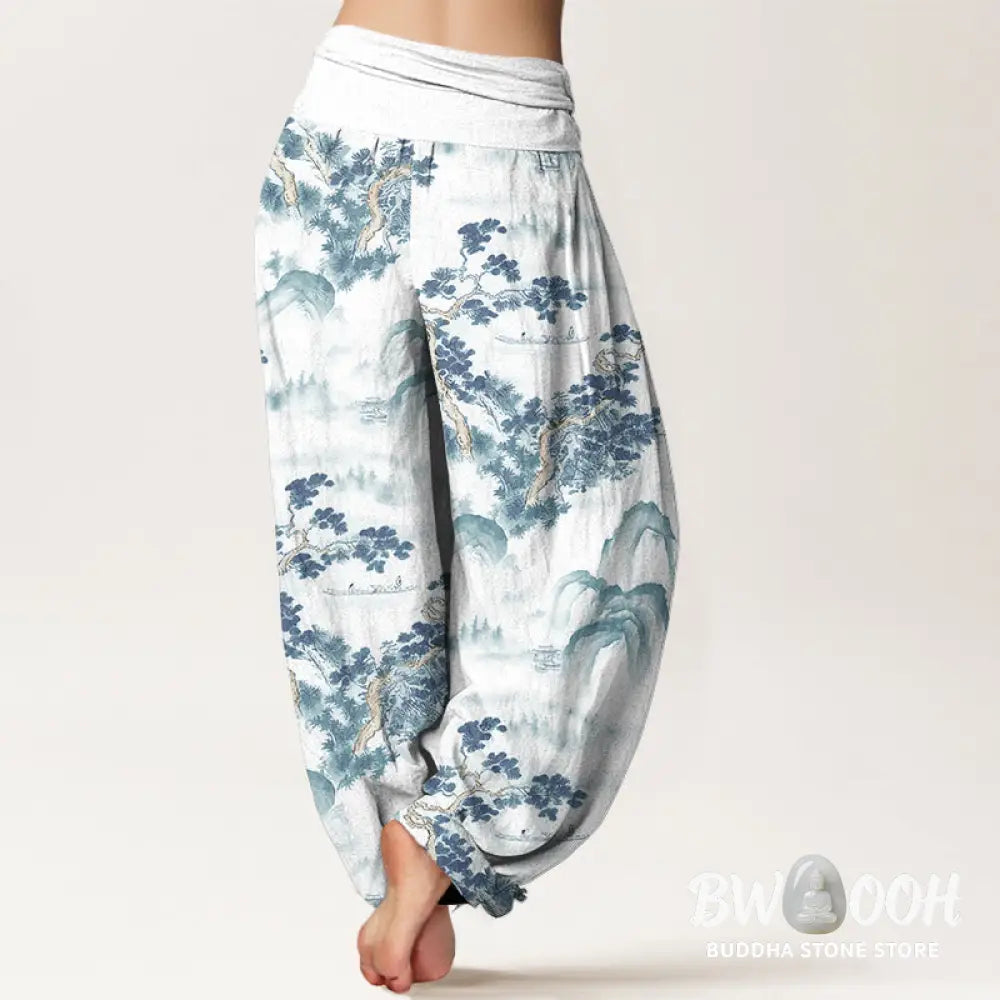 Buddha Stones Print Pine Trees Mountains Pattern Pure Cotton Women’s Elastic Waist Harem Pants - Women’s Harem Pants