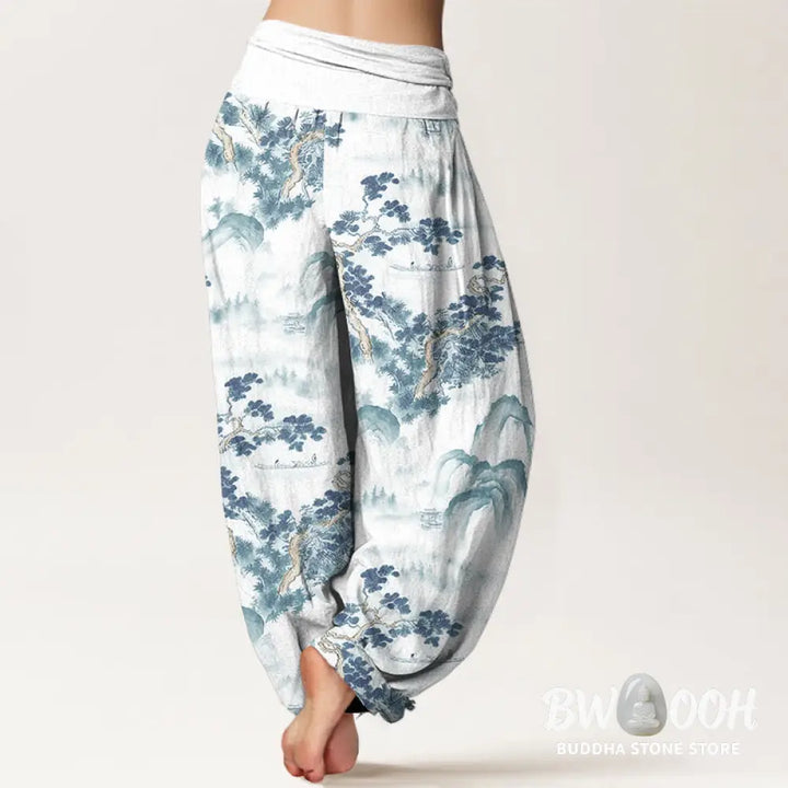 Buddha Stones Print Pine Trees Mountains Pattern Pure Cotton Women’s Elastic Waist Harem Pants - Women’s Harem Pants