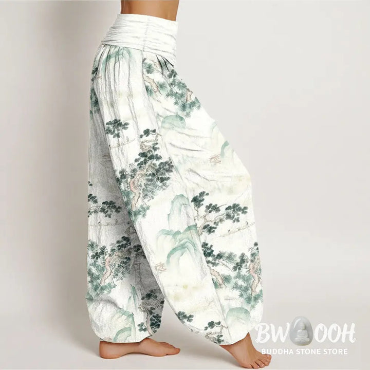 Buddha Stones Print Pine Trees Mountains Pattern Pure Cotton Women’s Elastic Waist Harem Pants - Women’s Harem Pants