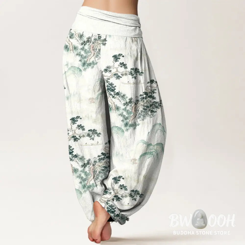 Buddha Stones Print Pine Trees Mountains Pattern Pure Cotton Women’s Elastic Waist Harem Pants - Women’s Harem Pants