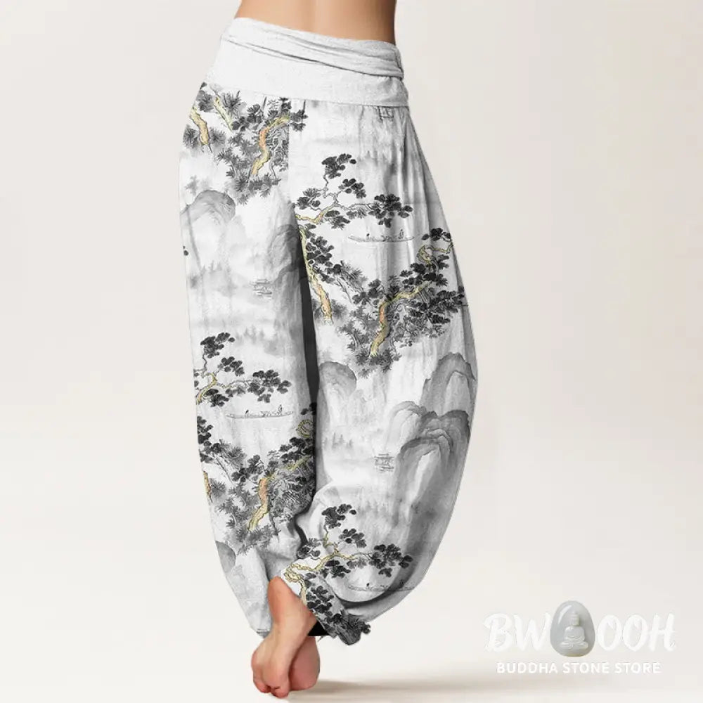 Buddha Stones Print Pine Trees Mountains Pattern Pure Cotton Women’s Elastic Waist Harem Pants - Women’s Harem Pants
