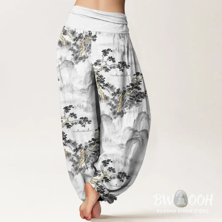 Buddha Stones Print Pine Trees Mountains Pattern Pure Cotton Women’s Elastic Waist Harem Pants - Women’s Harem Pants