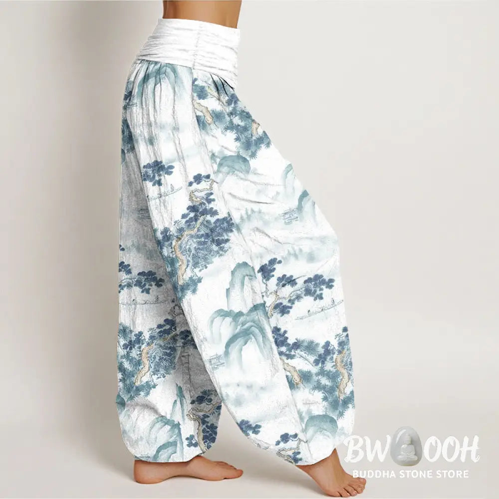 Buddha Stones Print Pine Trees Mountains Pattern Pure Cotton Women’s Elastic Waist Harem Pants - Women’s Harem Pants