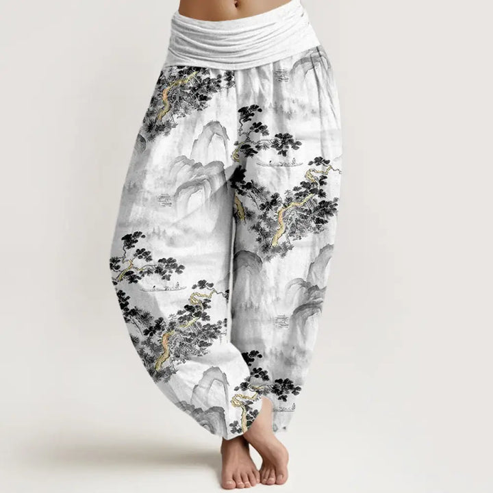 Buddha Stones Print Pine Trees Mountains Pattern Pure Cotton Women’s Elastic Waist Harem Pants - Black
