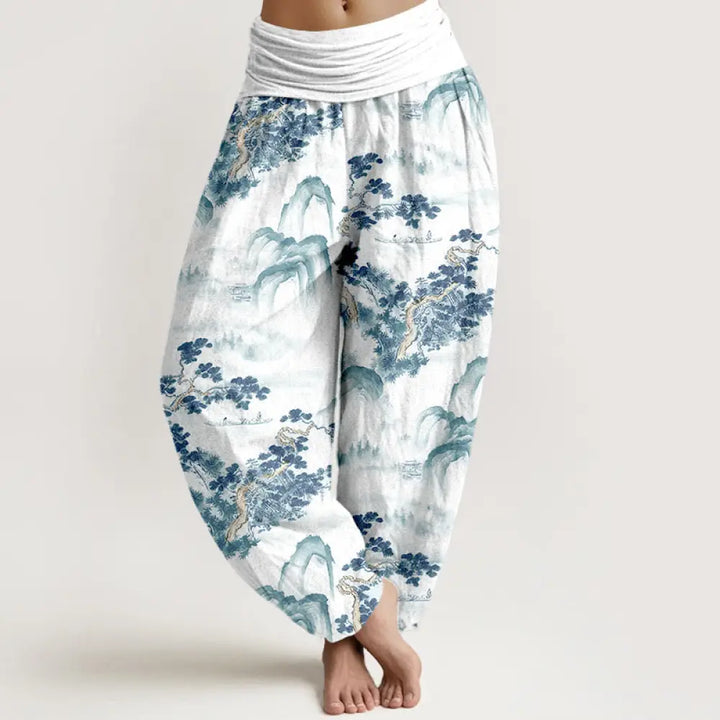 Buddha Stones Print Pine Trees Mountains Pattern Pure Cotton Women’s Elastic Waist Harem Pants - SkyBlue