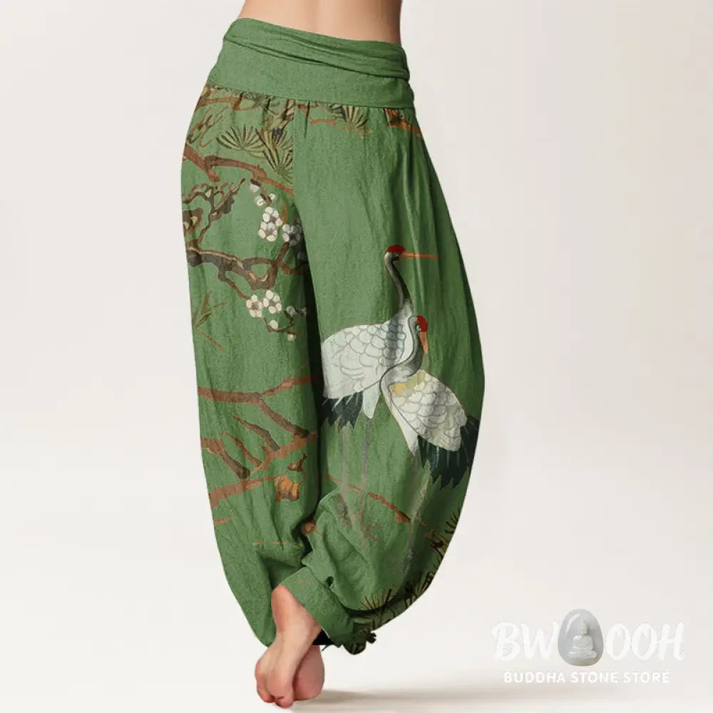 Buddha Stones Print Plum Blossoms Cranes Pine Trees Pattern Women’s Elastic Waist Harem Cotton Pants - Women’s Harem