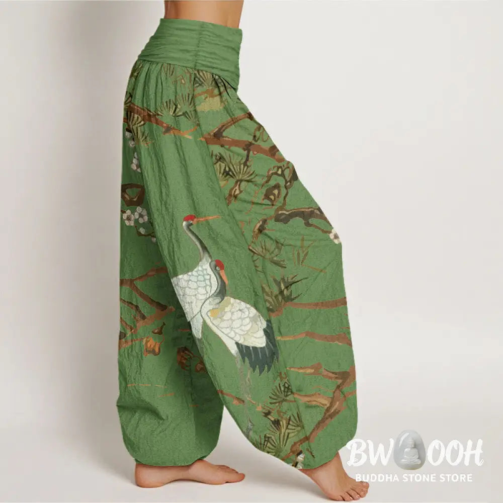 Buddha Stones Print Plum Blossoms Cranes Pine Trees Pattern Women’s Elastic Waist Harem Cotton Pants - Women’s Harem