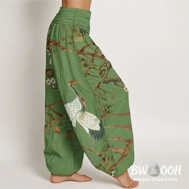 Buddha Stones Print Plum Blossoms Cranes Pine Trees Pattern Women’s Elastic Waist Harem Cotton Pants - Women’s Harem