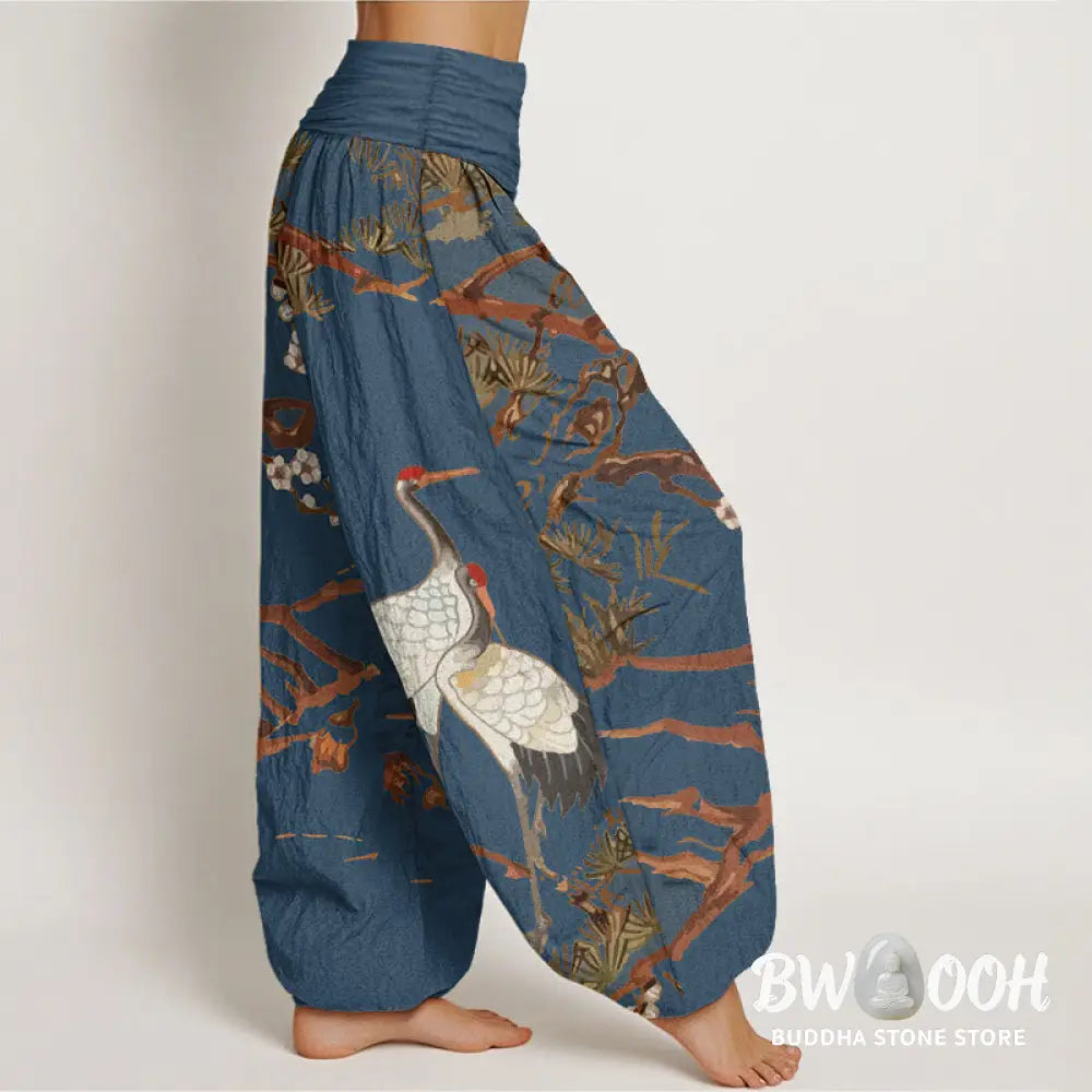 Buddha Stones Print Plum Blossoms Cranes Pine Trees Pattern Women’s Elastic Waist Harem Cotton Pants - Women’s Harem