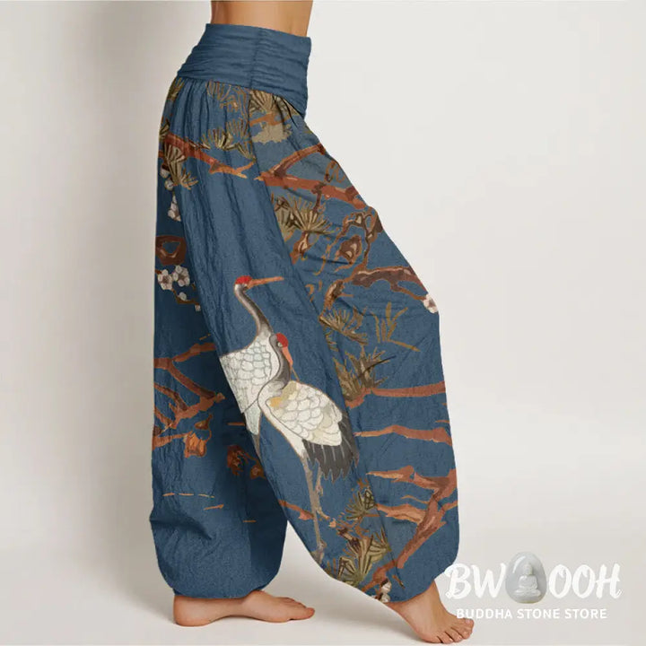 Buddha Stones Print Plum Blossoms Cranes Pine Trees Pattern Women’s Elastic Waist Harem Cotton Pants - Women’s Harem