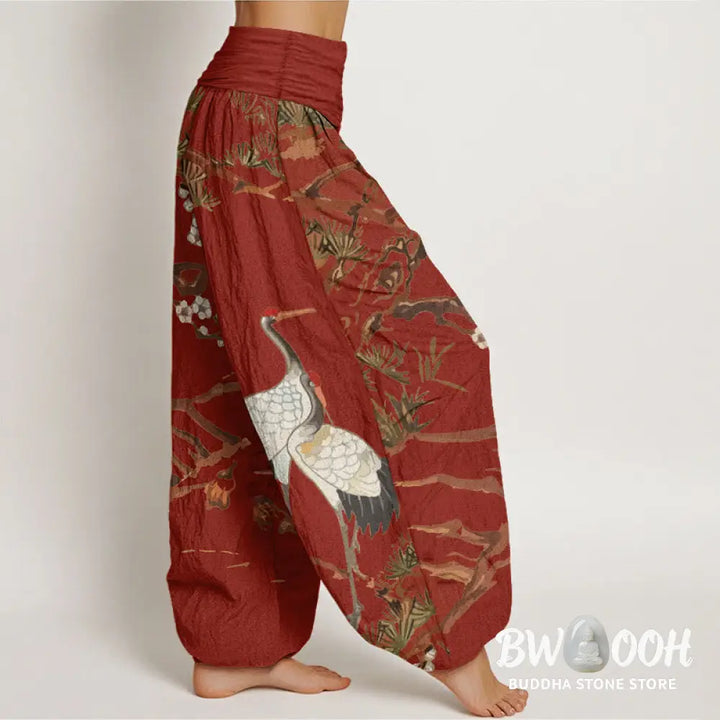 Buddha Stones Print Plum Blossoms Cranes Pine Trees Pattern Women’s Elastic Waist Harem Cotton Pants - Women’s Harem