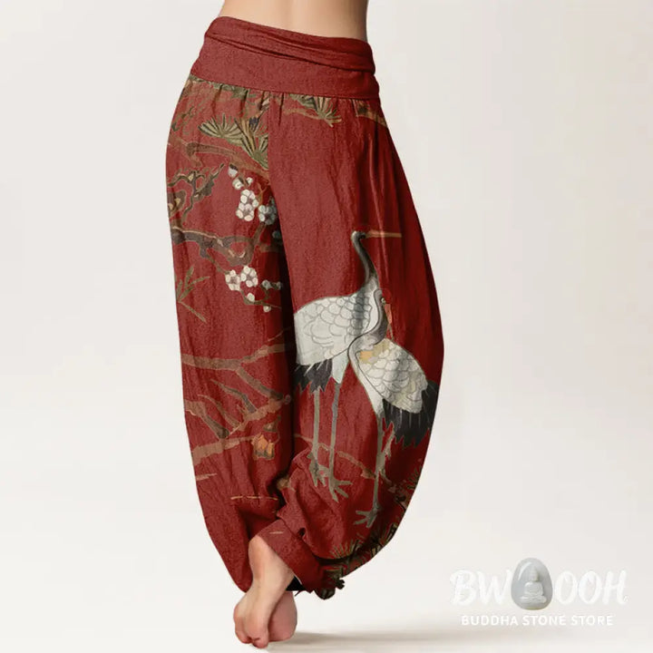 Buddha Stones Print Plum Blossoms Cranes Pine Trees Pattern Women’s Elastic Waist Harem Cotton Pants - Women’s Harem