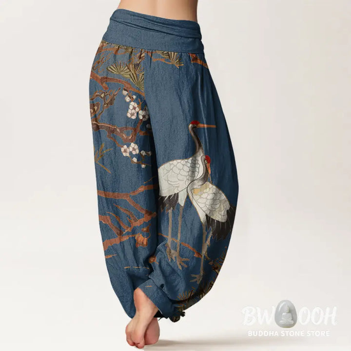 Buddha Stones Print Plum Blossoms Cranes Pine Trees Pattern Women’s Elastic Waist Harem Cotton Pants - Women’s Harem