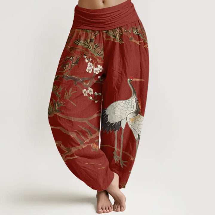Buddha Stones Print Plum Blossoms Cranes Pine Trees Pattern Women’s Elastic Waist Harem Cotton Pants - FireBrick