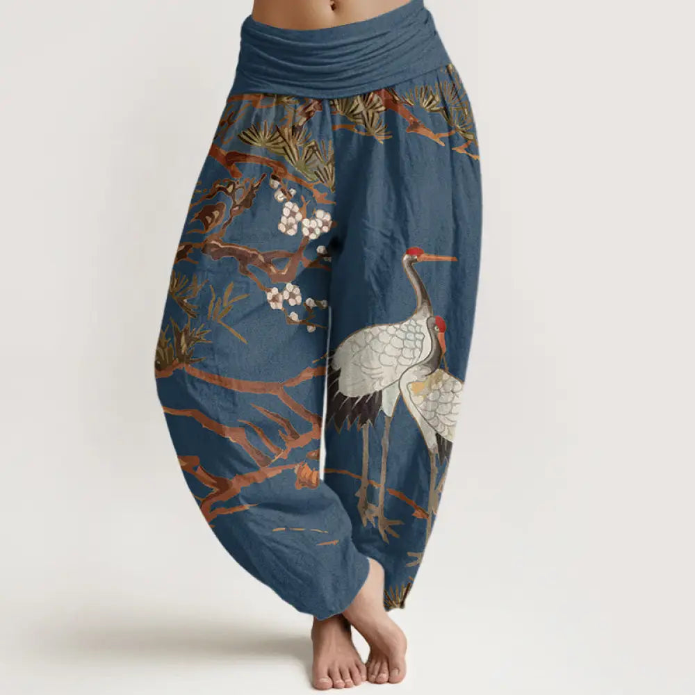 Buddha Stones Print Plum Blossoms Cranes Pine Trees Pattern Women’s Elastic Waist Harem Cotton Pants - SteelBlue
