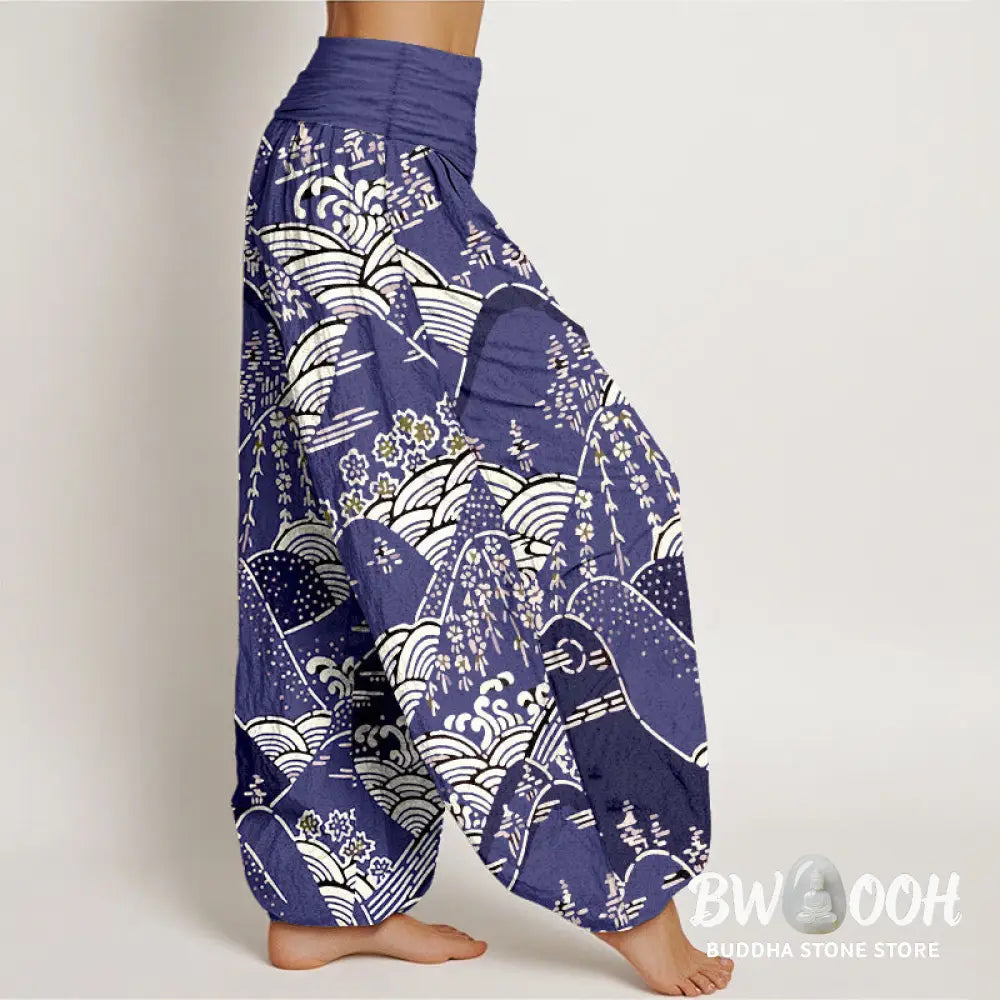 Buddha Stones Printed Mountains Waves Floral Pattern Women’s Elastic Waist Harem Pure Cotton Pants - Women’s Harem Pants