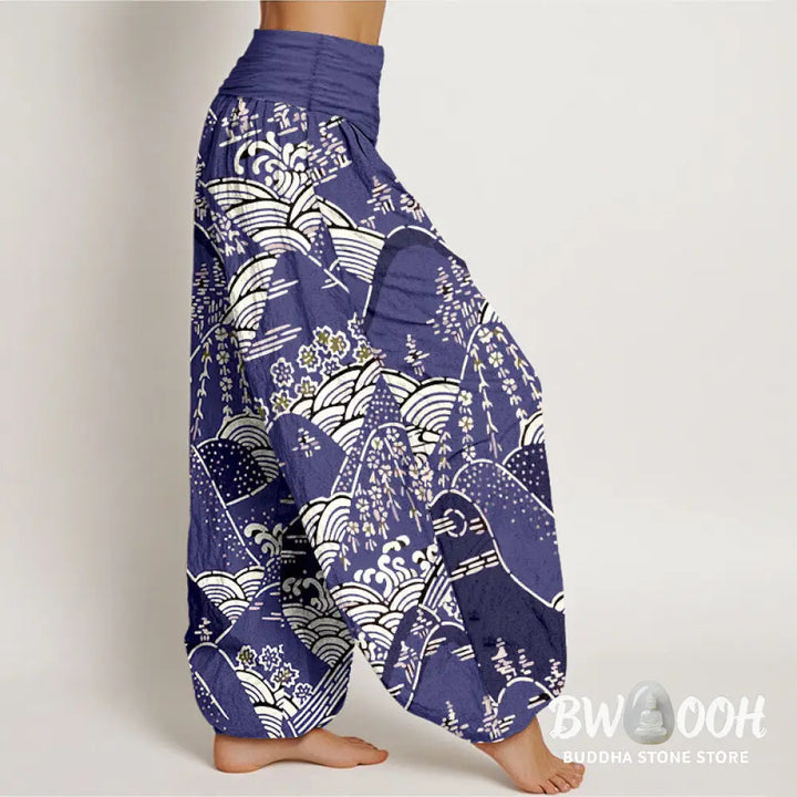 Buddha Stones Printed Mountains Waves Floral Pattern Women’s Elastic Waist Harem Pure Cotton Pants - Women’s Harem Pants