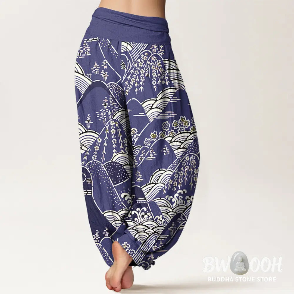 Buddha Stones Printed Mountains Waves Floral Pattern Women’s Elastic Waist Harem Pure Cotton Pants - Women’s Harem Pants