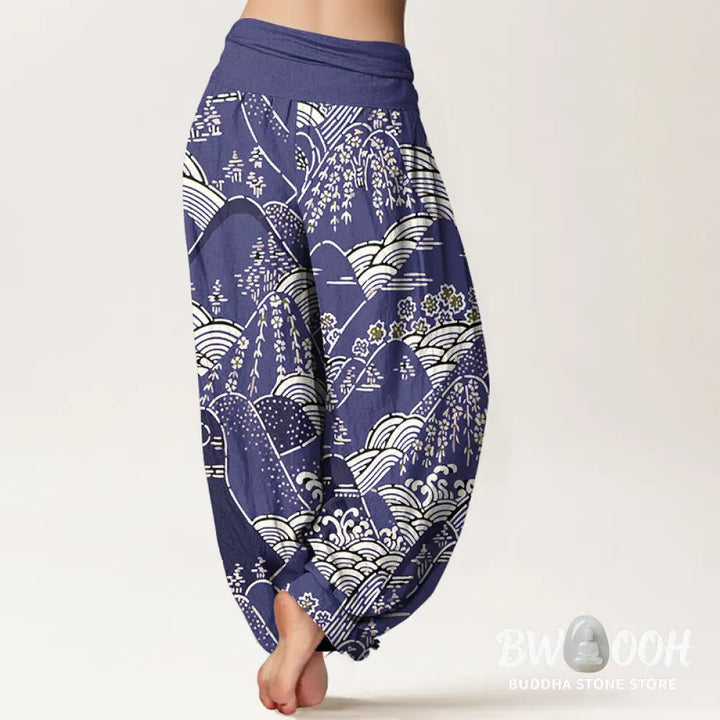 Buddha Stones Printed Mountains Waves Floral Pattern Women’s Elastic Waist Harem Pure Cotton Pants - Women’s Harem Pants