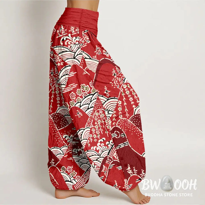 Buddha Stones Printed Mountains Waves Floral Pattern Women’s Elastic Waist Harem Pure Cotton Pants - Women’s Harem Pants