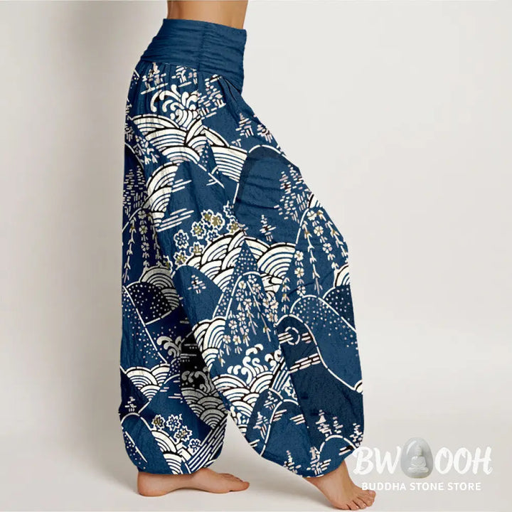 Buddha Stones Printed Mountains Waves Floral Pattern Women’s Elastic Waist Harem Pure Cotton Pants - Women’s Harem Pants
