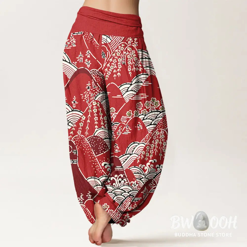 Buddha Stones Printed Mountains Waves Floral Pattern Women’s Elastic Waist Harem Pure Cotton Pants - Women’s Harem Pants