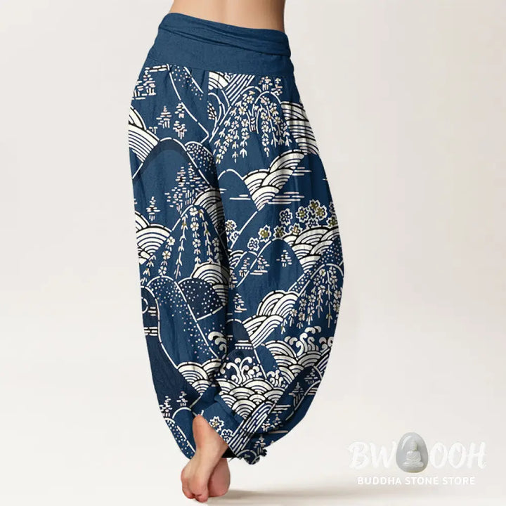 Buddha Stones Printed Mountains Waves Floral Pattern Women’s Elastic Waist Harem Pure Cotton Pants - Women’s Harem Pants