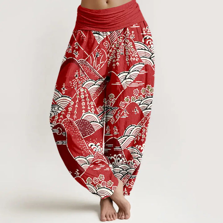 Buddha Stones Printed Mountains Waves Floral Pattern Women’s Elastic Waist Harem Pure Cotton Pants - Crimson