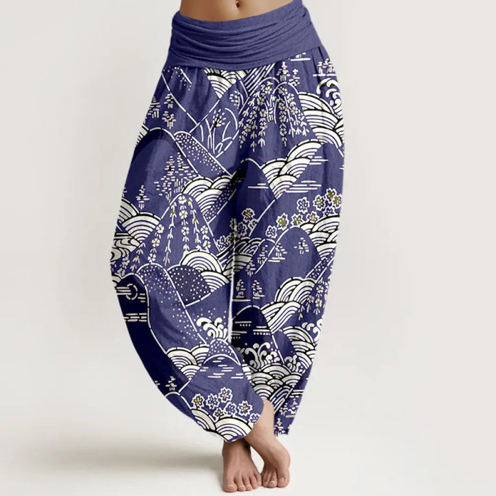 Buddha Stones Printed Mountains Waves Floral Pattern Women’s Elastic Waist Harem Pure Cotton Pants - Indigo
