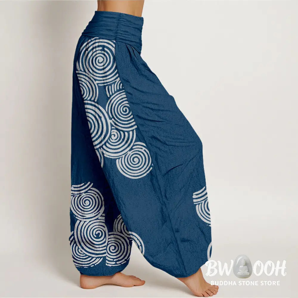 Buddha Stones Printed White Spiral Pattern Women’s Elastic Waist Harem Pure Cotton Pants - Women’s Harem Pants
