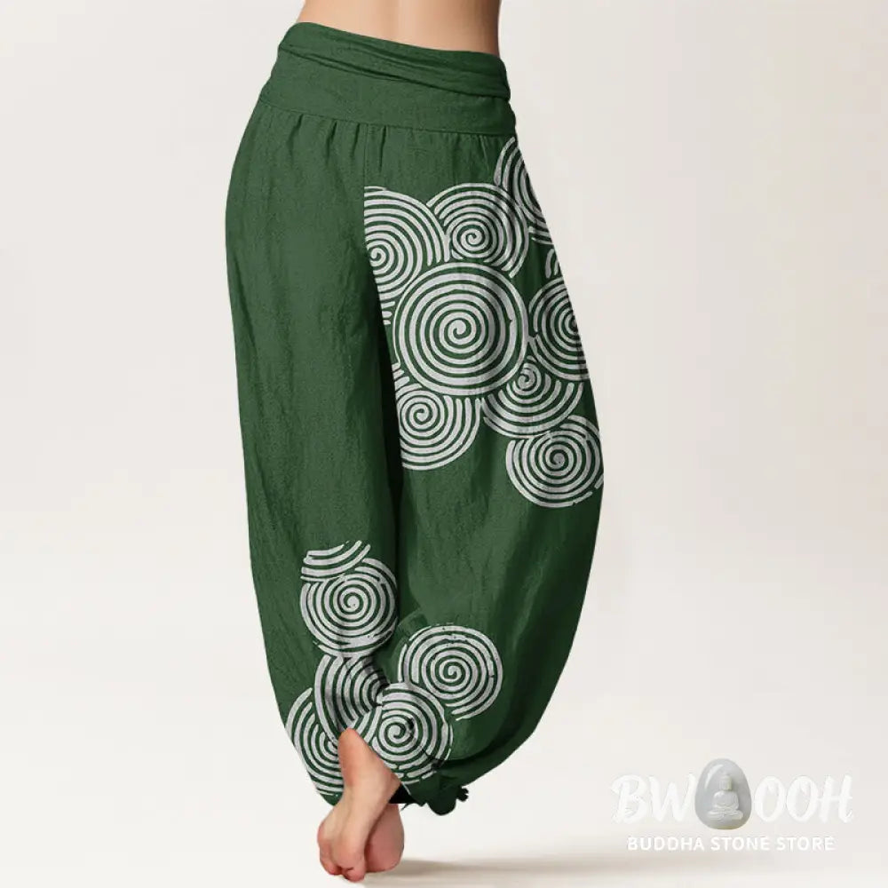 Buddha Stones Printed White Spiral Pattern Women’s Elastic Waist Harem Pure Cotton Pants - Women’s Harem Pants