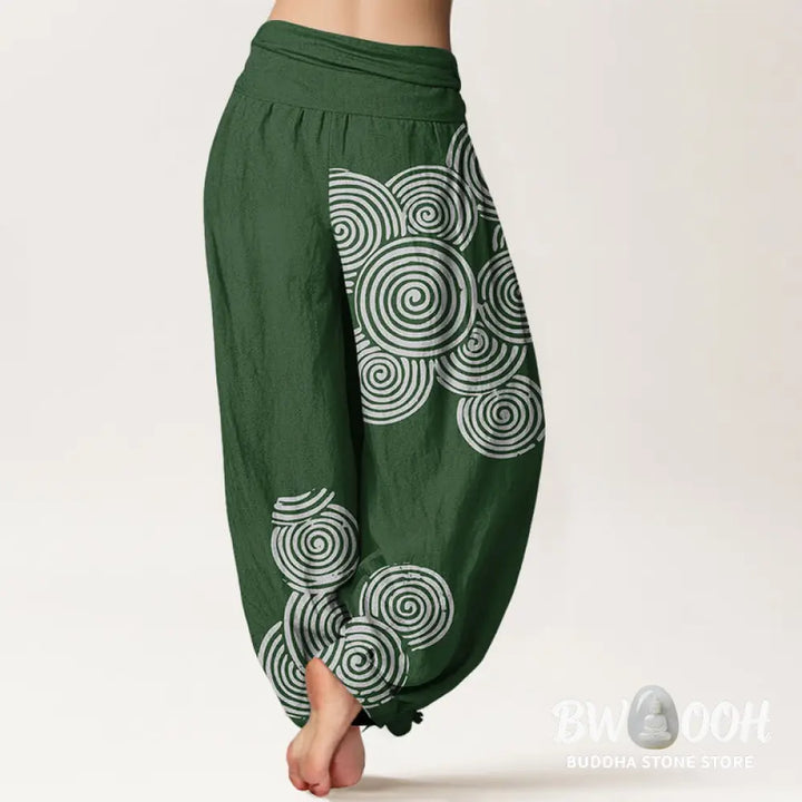 Buddha Stones Printed White Spiral Pattern Women’s Elastic Waist Harem Pure Cotton Pants - Women’s Harem Pants