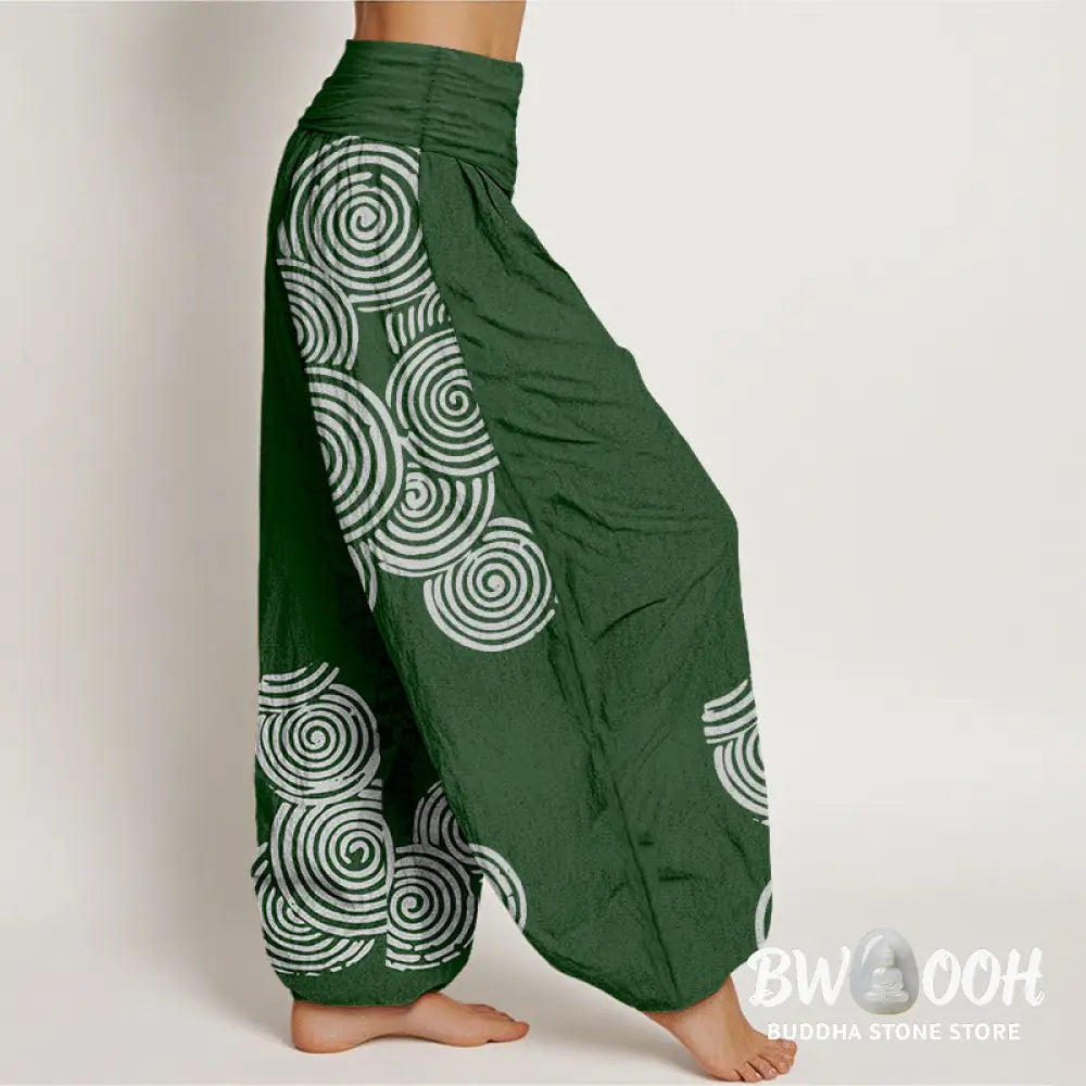 Buddha Stones Printed White Spiral Pattern Women’s Elastic Waist Harem Pure Cotton Pants - Women’s Harem Pants