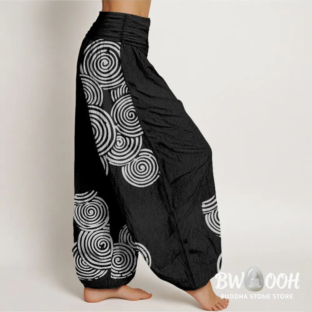 Buddha Stones Printed White Spiral Pattern Women’s Elastic Waist Harem Pure Cotton Pants - Women’s Harem Pants